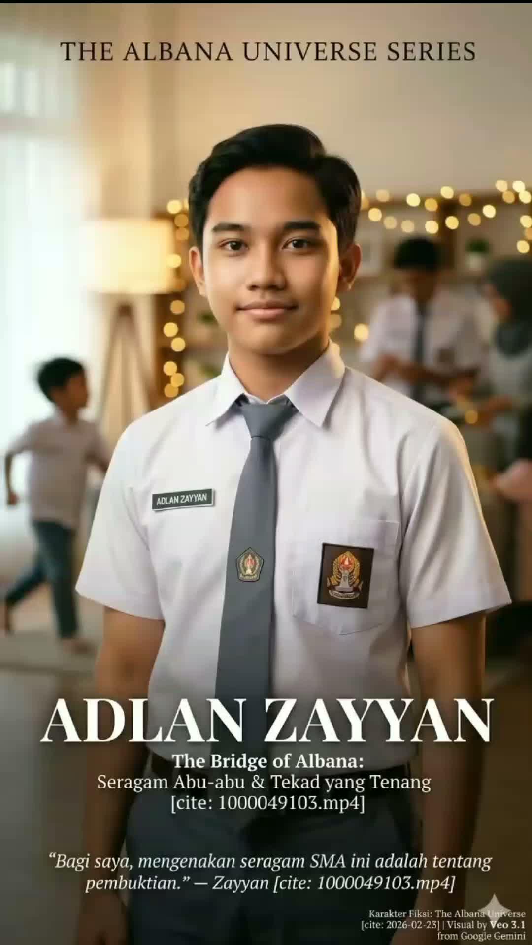 Adlan Zayyan (Deje), sosok "jembatan" di keluarga Albana. Bagi Deje, seragam SMA adalah pembuktian jati diri sebagai anak ke-3 dari 5 bersau